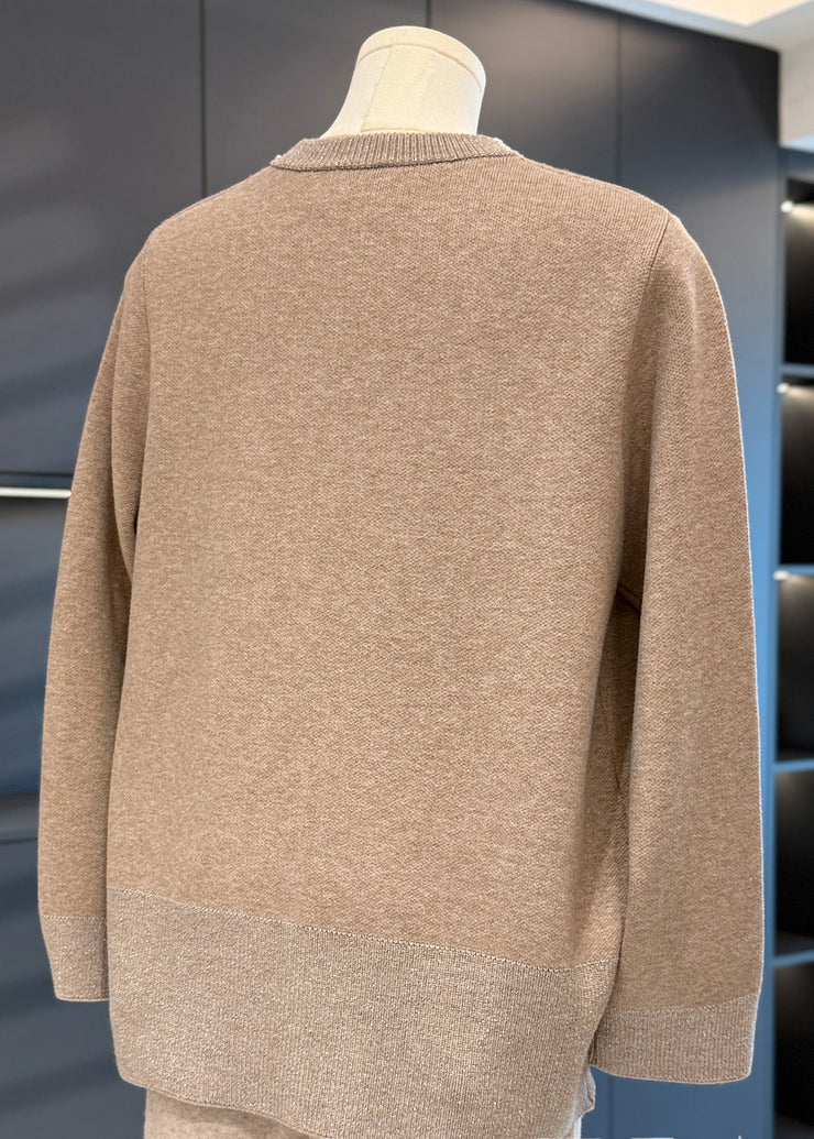 Loose Camel Zippered Nail Bead Cotton Knit Coat Fall