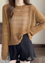 Loose Caramel Hollow Out Cozy Knit T Shirts Long Sleeve
