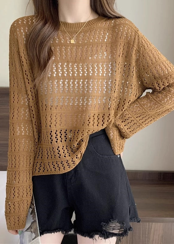 Loose Caramel Hollow Out Cozy Knit T Shirts Long Sleeve