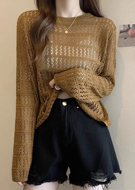 Loose Caramel Hollow Out Cozy Knit T Shirts Long Sleeve
