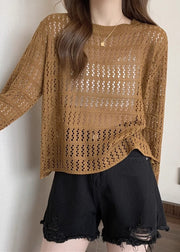 Loose Caramel Hollow Out Cozy Knit T Shirts Long Sleeve