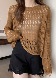 Loose Caramel Hollow Out Cozy Knit T Shirts Long Sleeve