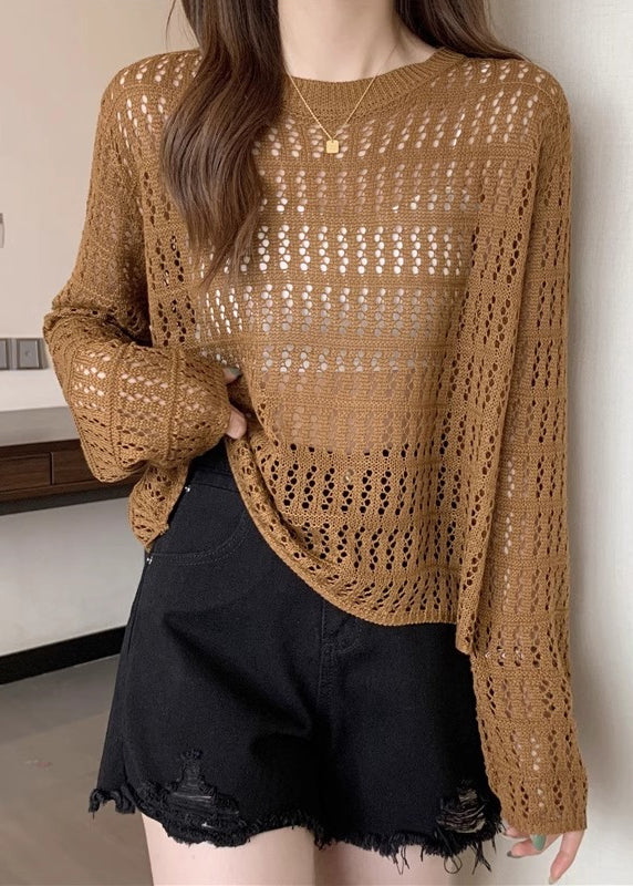 Loose Caramel Hollow Out Cozy Knit T Shirts Long Sleeve