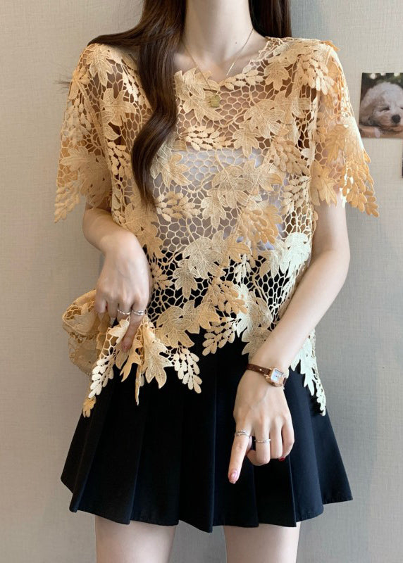 Loose Caramel O-Neck Asymmetrical Lace Top Short Sleeve