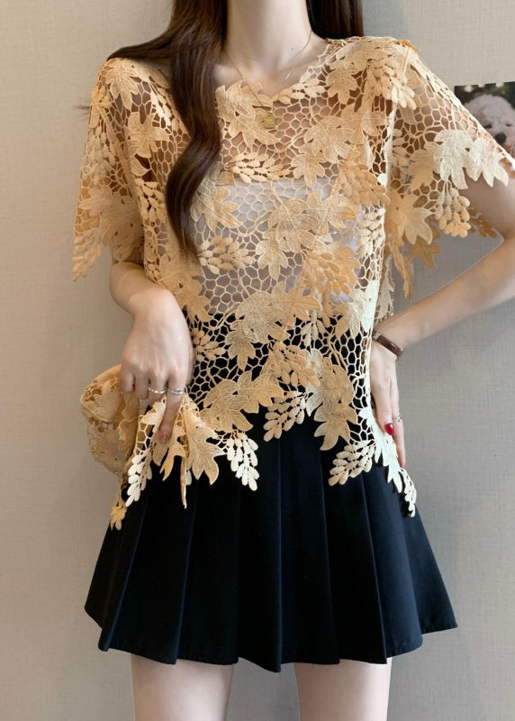Loose Caramel O-Neck Asymmetrical Lace Top Short Sleeve