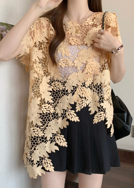Loose Caramel O-Neck Asymmetrical Lace Top Short Sleeve
