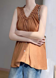 Loose Caramel Ruffled Lace Up Cotton Shirt Sleeveless
