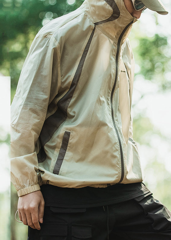 Loose Champagne Color Hooded Drawstring Patchwork Mens UPF 50+ Coat Summer