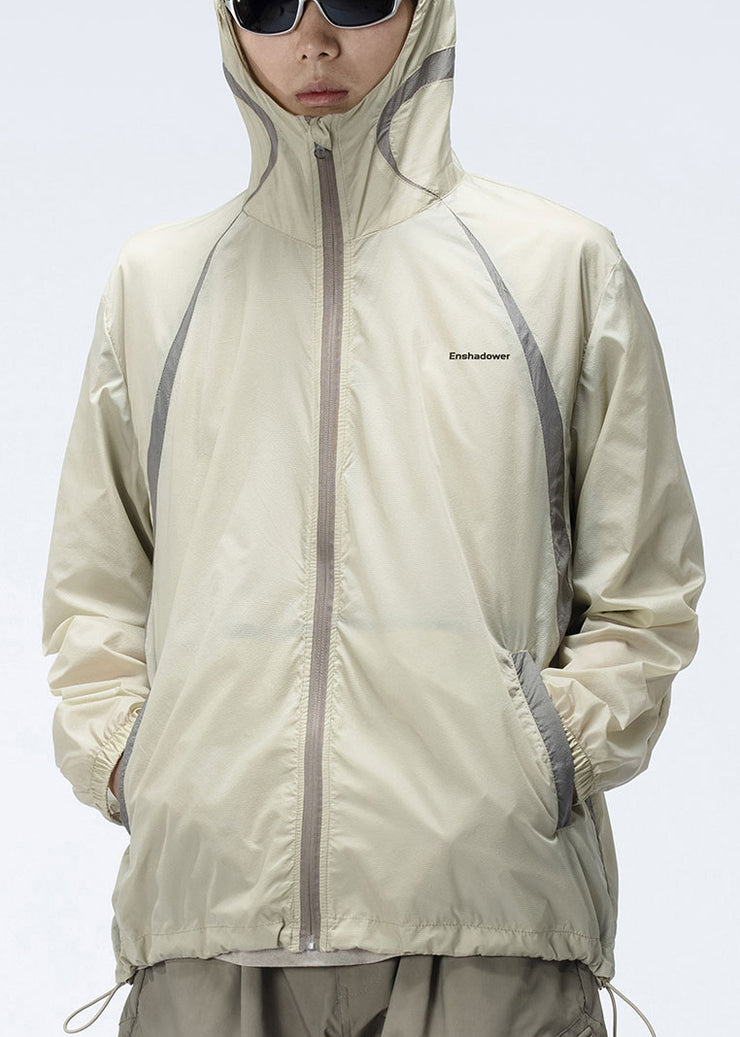 Loose Champagne Color Hooded Drawstring Patchwork Mens UPF 50+ Coat Summer