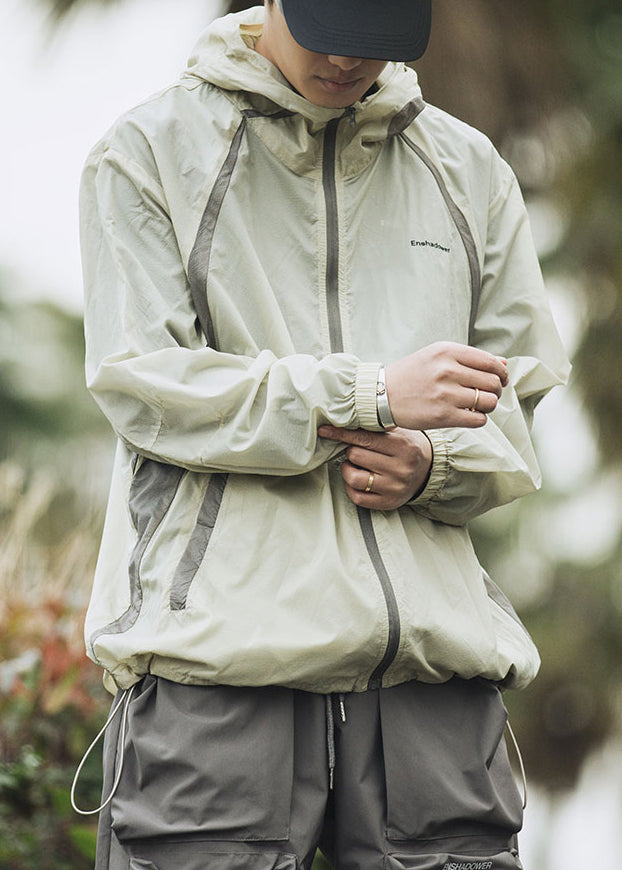 Loose Champagne Color Hooded Drawstring Patchwork Mens UPF 50+ Coat Summer