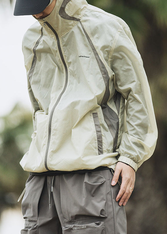 Loose Champagne Color Hooded Drawstring Patchwork Mens UPF 50+ Coat Summer