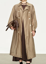 Loose Champagne Gold Peter Pan Collar Double Breast Linen Silk Long Trench Coat Fall