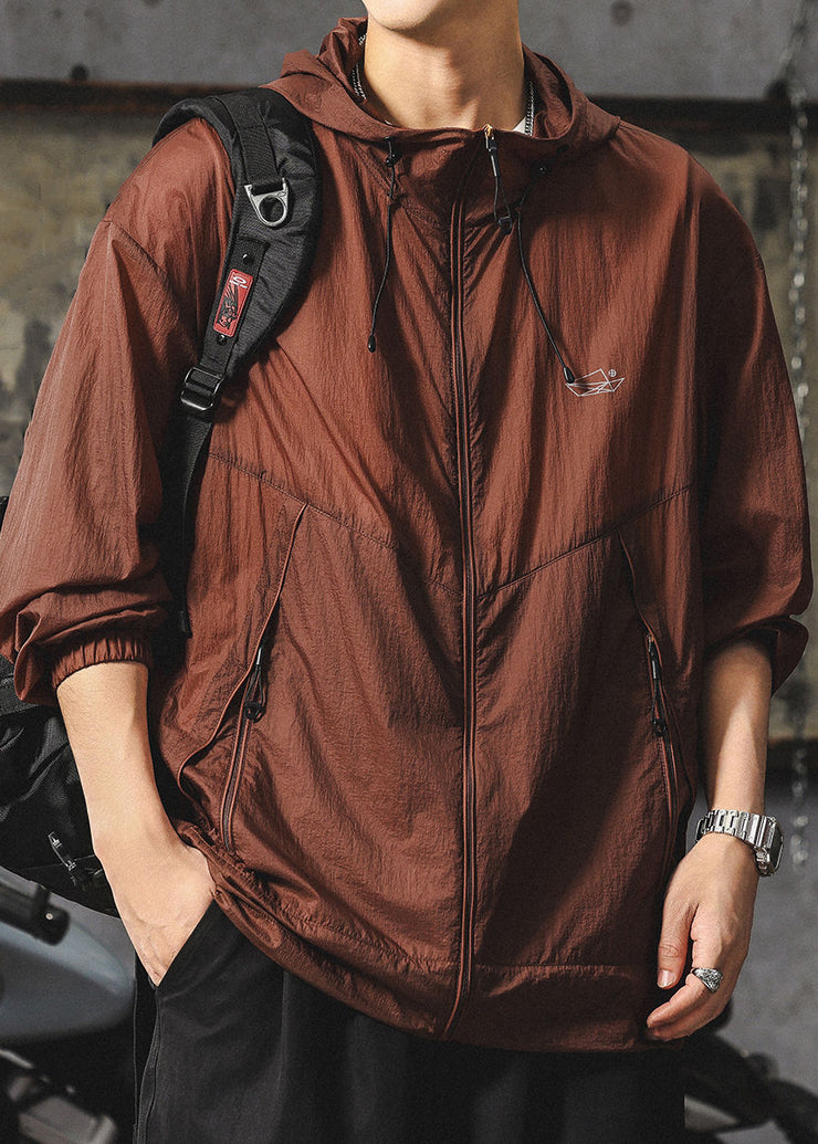 Loose Chocolate Hooded Zippered Men UPF 50+ Coat Summer