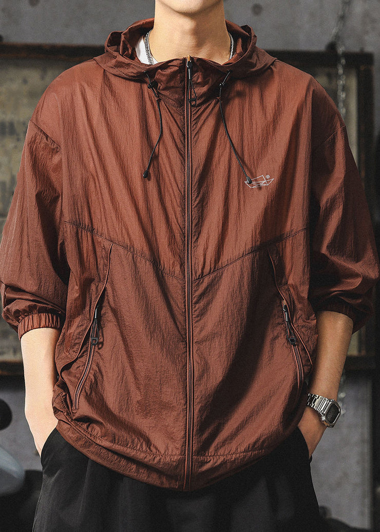 Loose Chocolate Hooded Zippered Men UPF 50+ Coat Summer