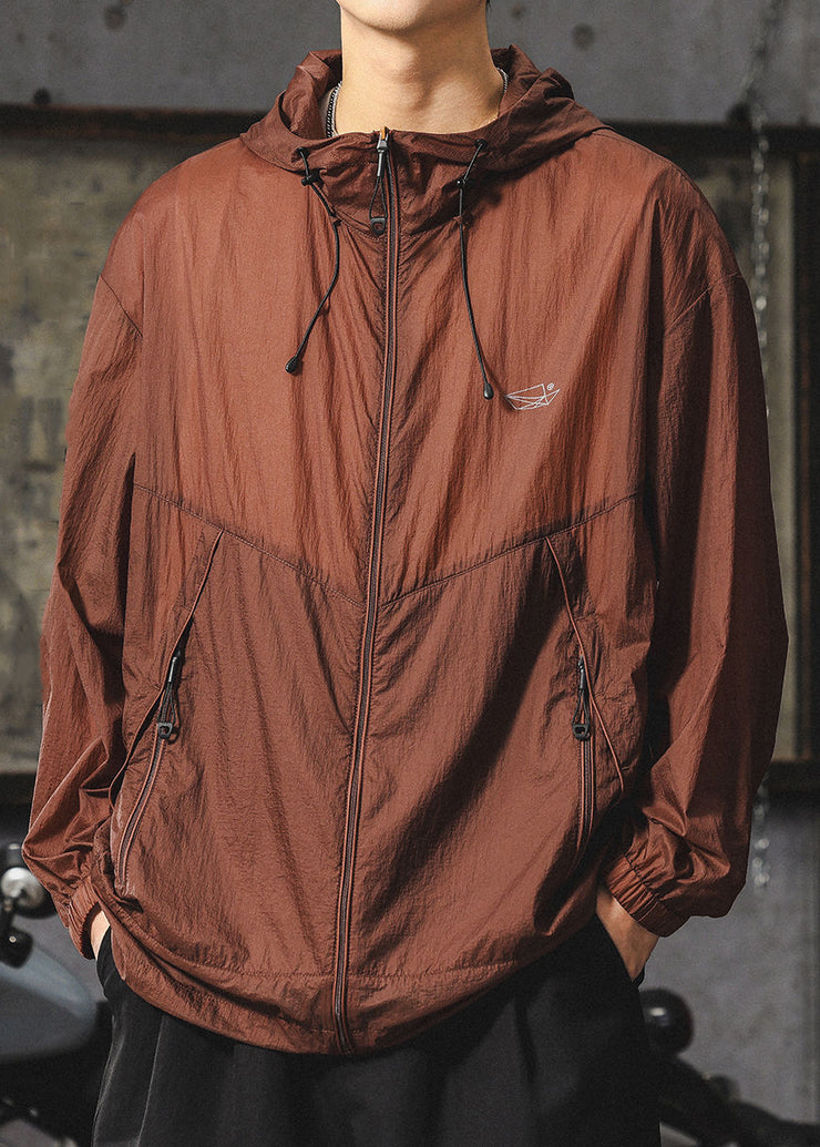 Loose Chocolate Hooded Zippered Men UPF 50+ Coat Summer