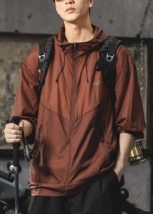 Loose Chocolate Hooded Zippered Men UPF 50+ Coat Summer