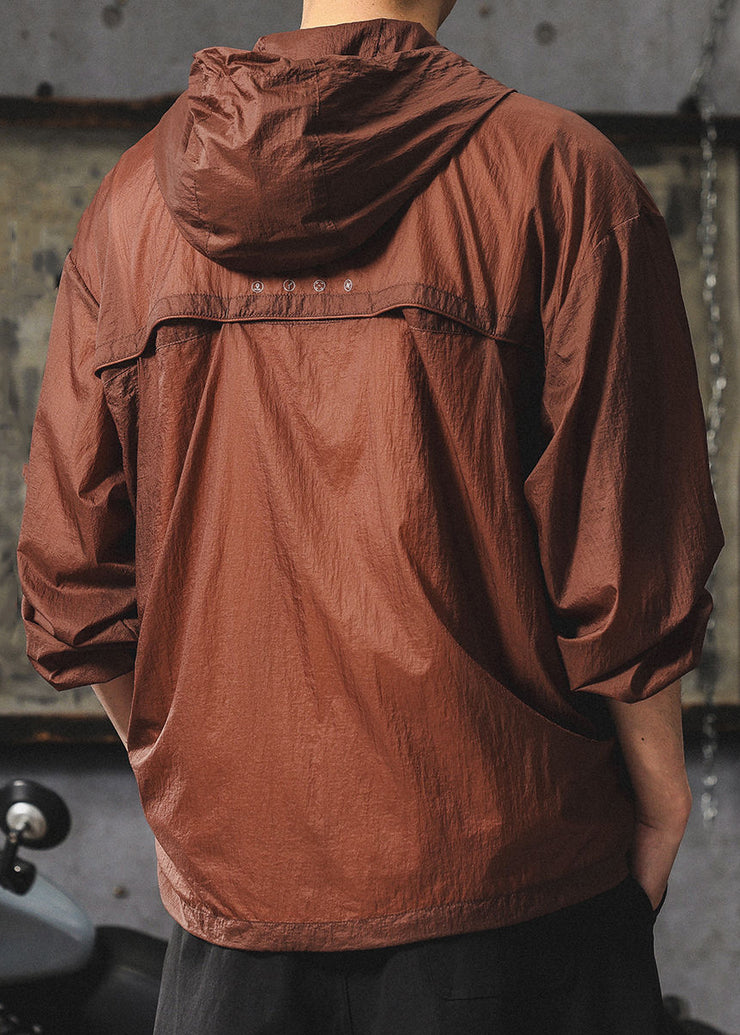 Loose Chocolate Hooded Zippered Men UPF 50+ Coat Summer