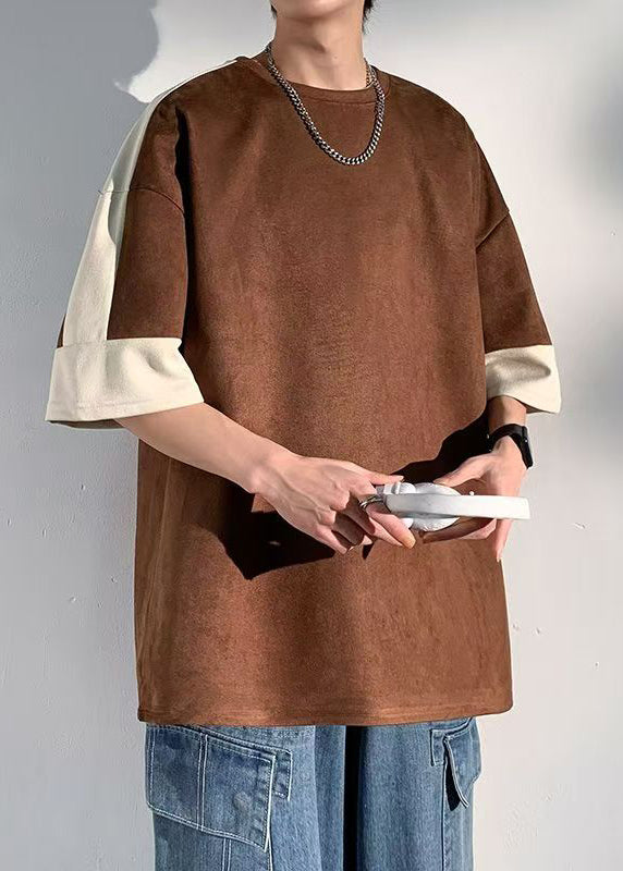 Loose Chocolate O Neck Patchwork Faux Suede Men T Shirts Half Sleeve