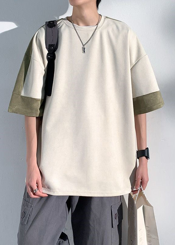 Loose Chocolate O Neck Patchwork Faux Suede Men T Shirts Half Sleeve