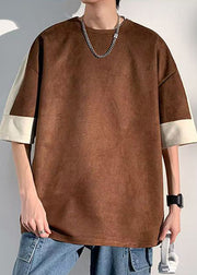 Loose Chocolate O Neck Patchwork Faux Suede Men T Shirts Half Sleeve