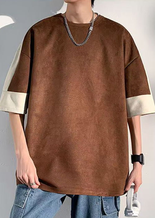 Loose Chocolate O Neck Patchwork Faux Suede Men T Shirts Half Sleeve