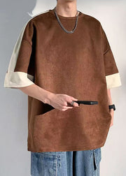 Loose Chocolate O Neck Patchwork Faux Suede Men T Shirts Half Sleeve
