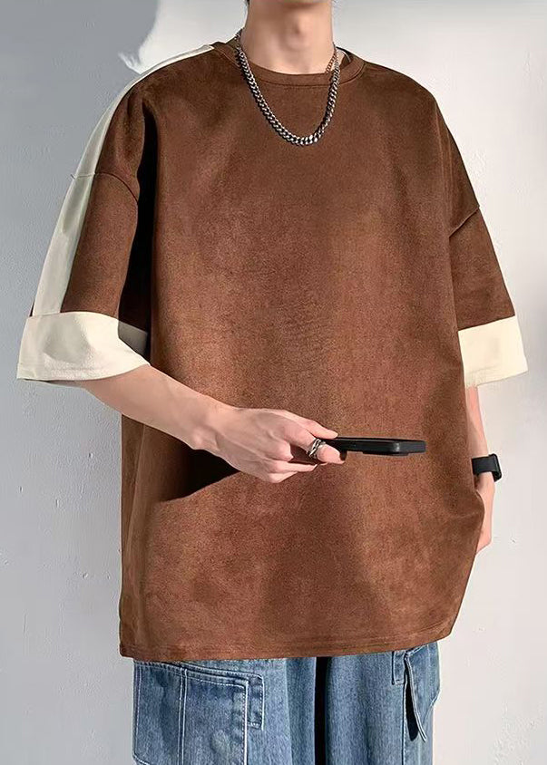 Loose Chocolate O Neck Patchwork Faux Suede Men T Shirts Half Sleeve