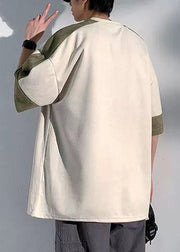 Loose Chocolate O Neck Patchwork Faux Suede Men T Shirts Half Sleeve