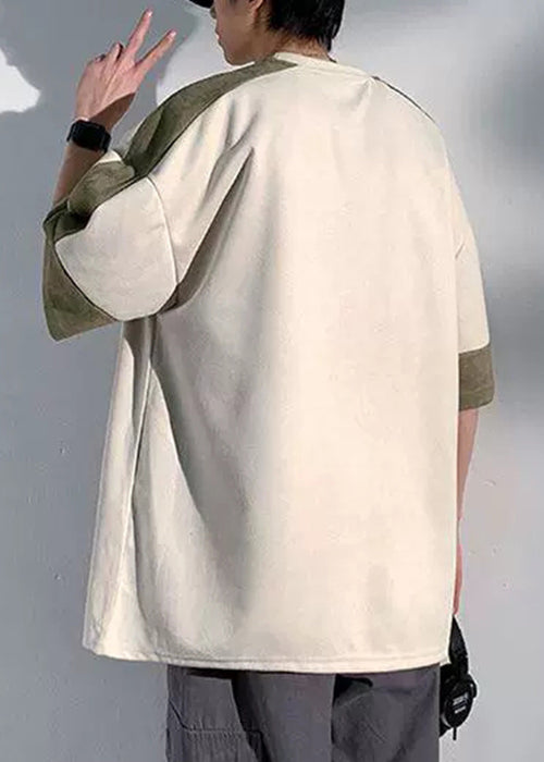 Loose Chocolate O Neck Patchwork Faux Suede Men T Shirts Half Sleeve
