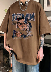Loose Chocolate O Neck Print Cotton Mens T Shirt Half Sleeve