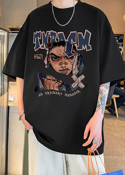 Loose Chocolate O Neck Print Cotton Mens T Shirt Half Sleeve