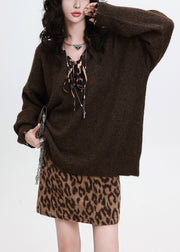 Loose Chocolate V Neck Leopard Knit Sweater Winter