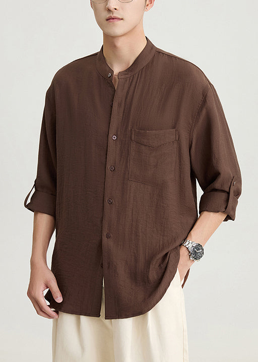 Loose Coffee Button Pockets Cotton Men Shirts Fall