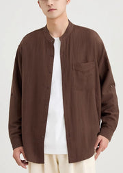 Loose Coffee Button Pockets Cotton Men Shirts Fall