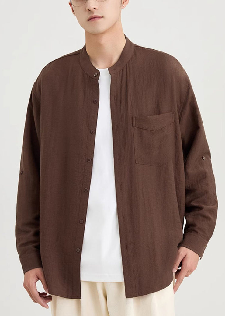 Loose Coffee Button Pockets Cotton Men Shirts Fall
