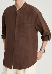Loose Coffee Button Pockets Cotton Men Shirts Fall