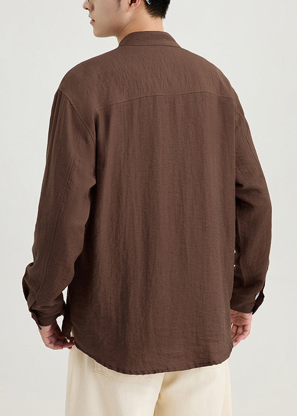 Loose Coffee Button Pockets Cotton Men Shirts Fall