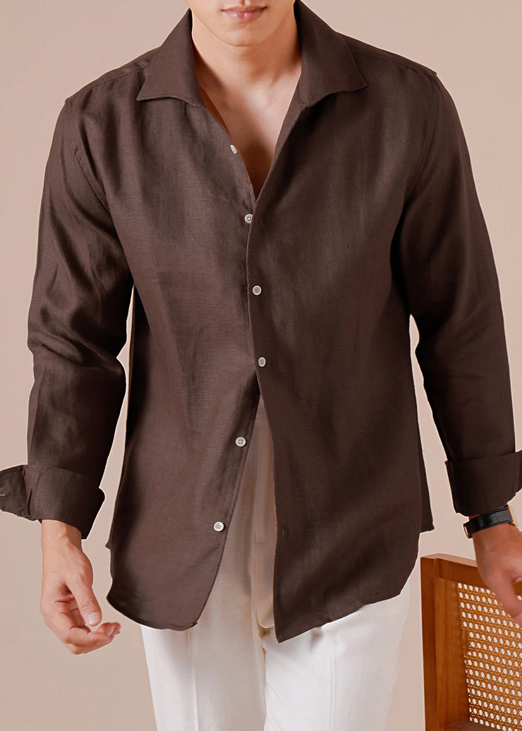 Loose Coffee Button Solid Linen Mens Shirts Fall