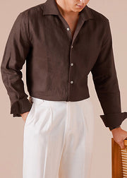 Loose Coffee Button Solid Linen Mens Shirts Fall