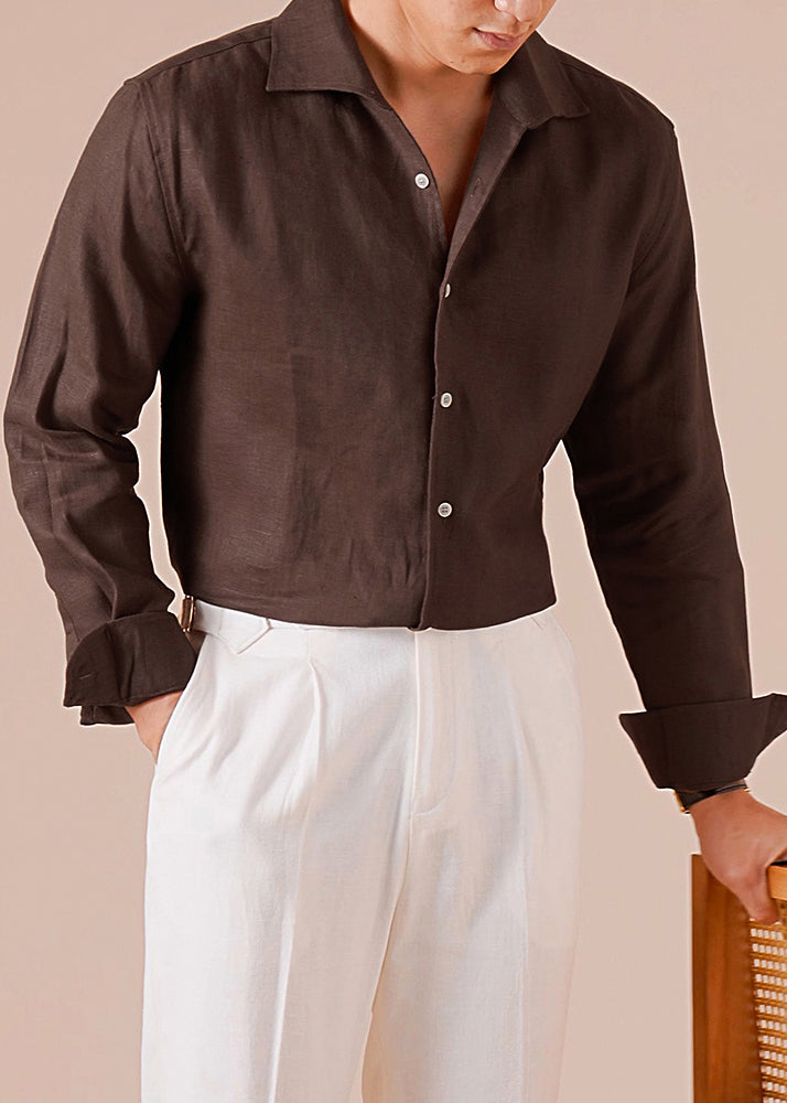 Loose Coffee Button Solid Linen Mens Shirts Fall