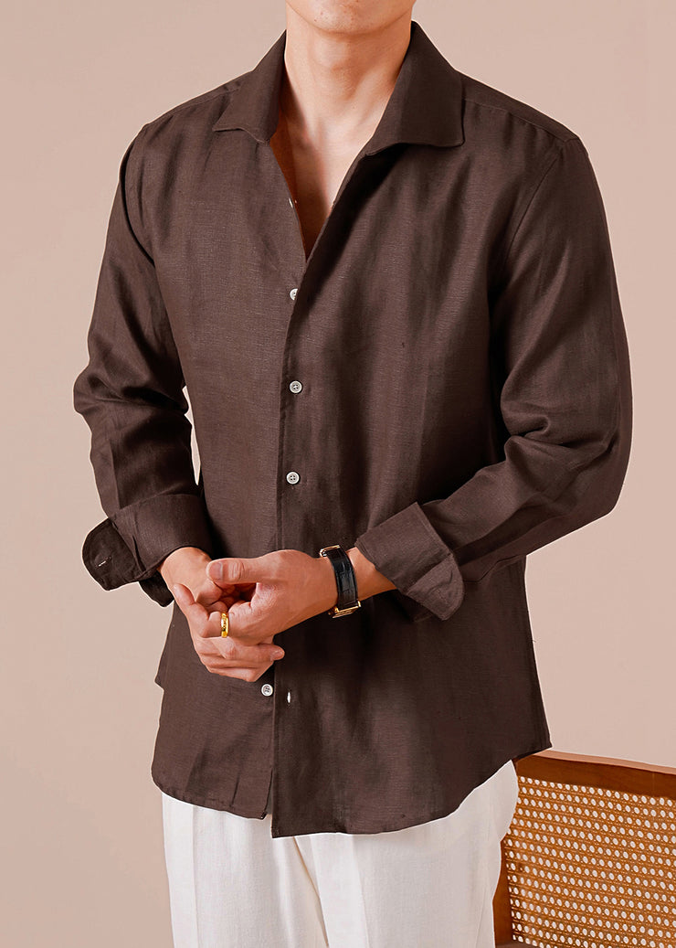 Loose Coffee Button Solid Linen Mens Shirts Fall