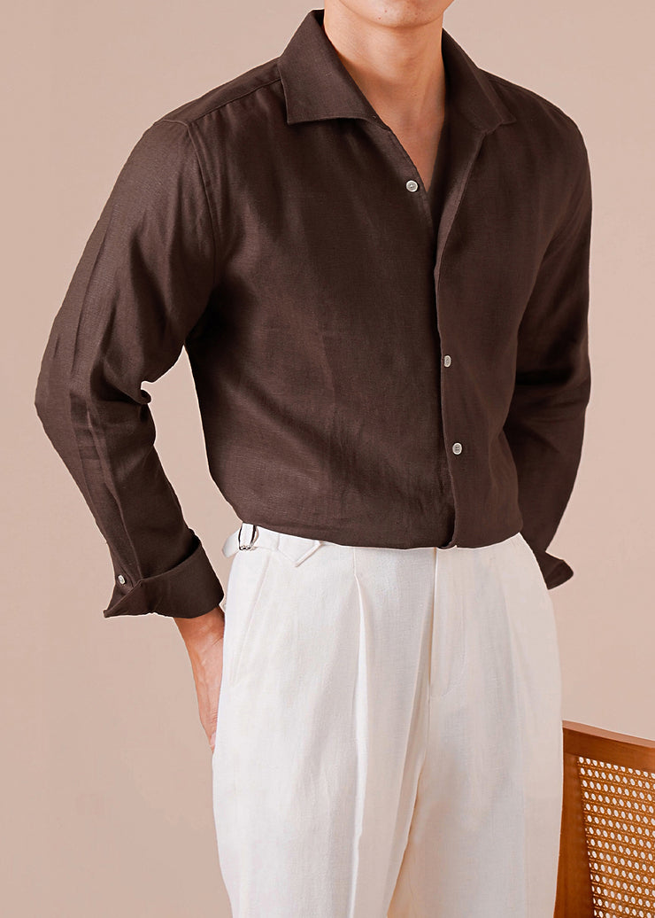 Loose Coffee Button Solid Linen Mens Shirts Fall
