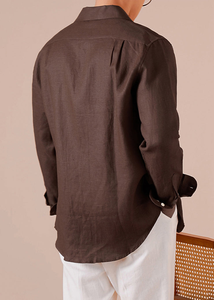 Loose Coffee Button Solid Linen Mens Shirts Fall