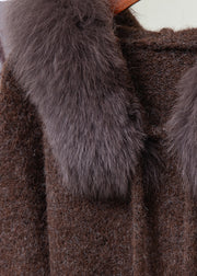 Loose Coffee Fox Collar Fuzzy Ball Decorated Knit Sweaters
