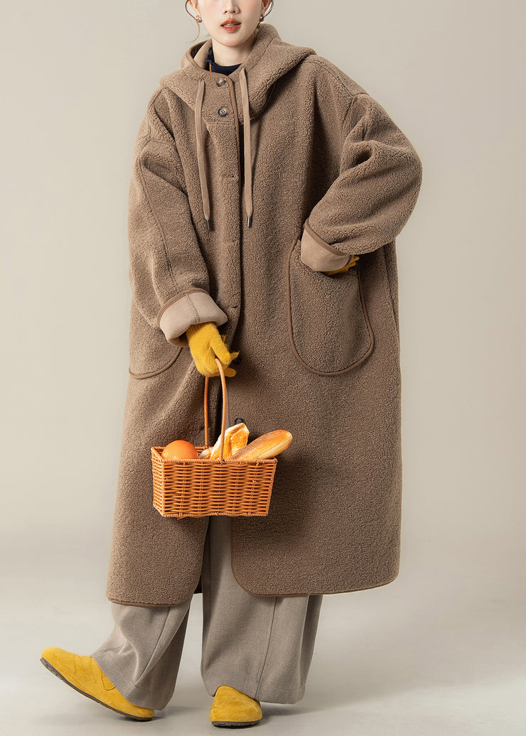 Loose Coffee Hooded Button Pockets Teddy Long Coats Winter
