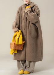 Loose Coffee Hooded Button Pockets Teddy Long Coats Winter