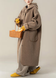 Loose Coffee Hooded Button Pockets Teddy Long Coats Winter