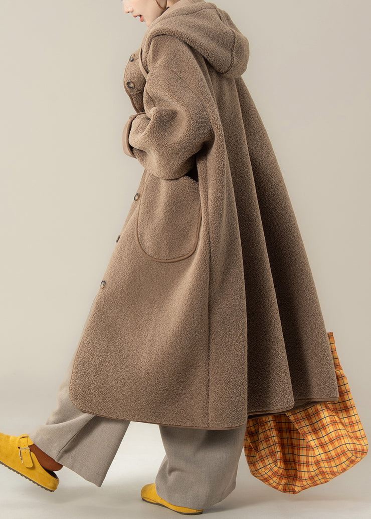 Loose Coffee Hooded Button Pockets Teddy Long Coats Winter
