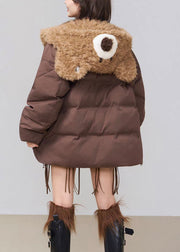 Loose Coffee Hooded Drawstring Patchwork Cotton Filled Parka Winter