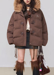 Loose Coffee Hooded Drawstring Patchwork Cotton Filled Parka Winter